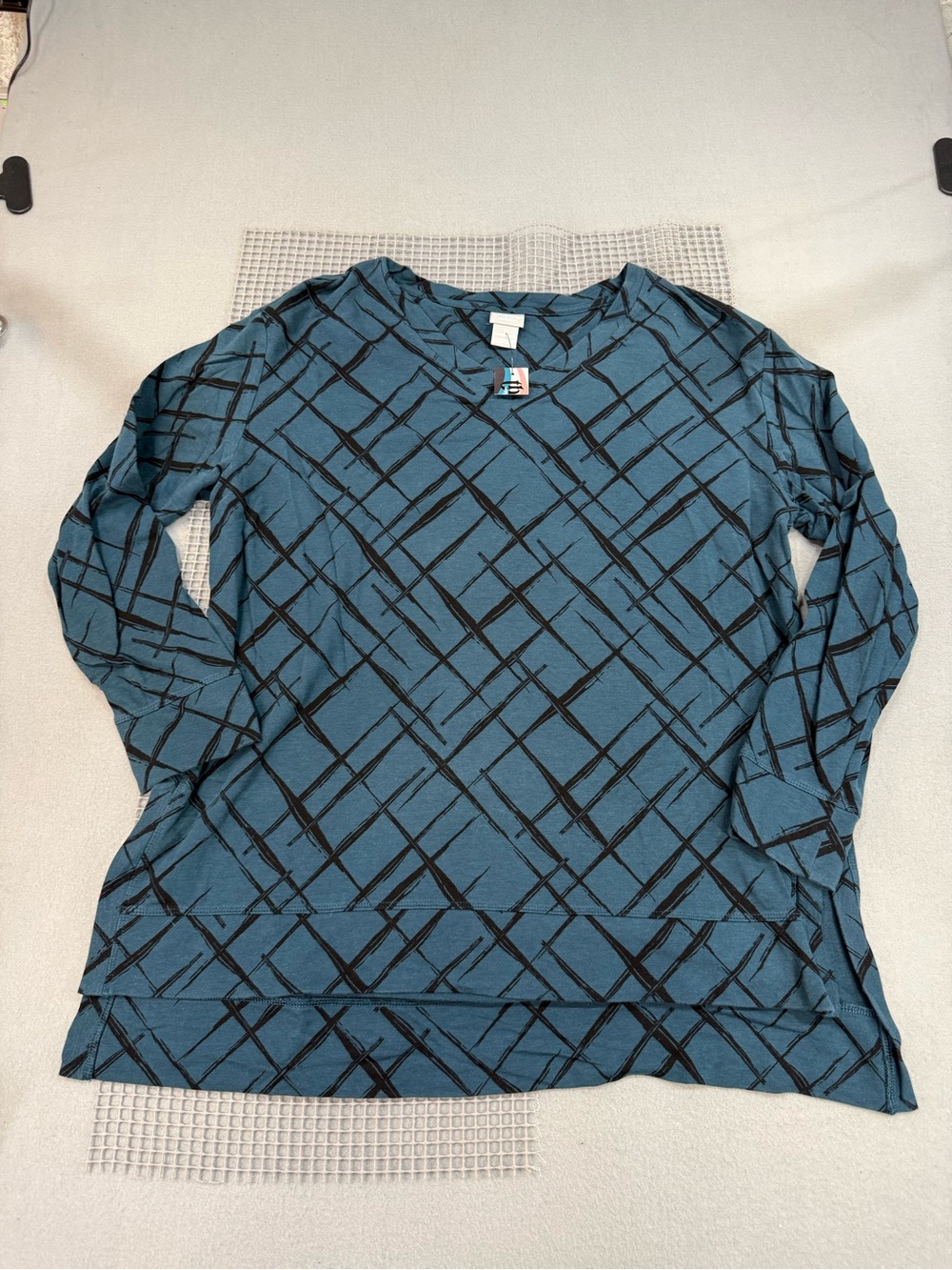 Chico's Teal Blue V-Neck Long Sleeve Top with Black Grid Print size 2 Large